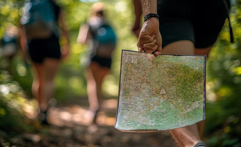 I need a photo that is true to reality to promote an orienteering activity in Loiret on the leisure center of the Etang da la Vallée in Combreux. I want a photo that perfectly represents people doing an orienteering race, with a map in their hand. The photo is with the greatest possible precision in the details, as if it were a photographer who had taken it --v 6.1 Job ID: b535be83-9a50-4548-9ddb-7b38beb575f4