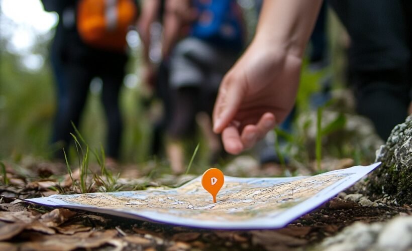 I need a photo that is true to reality to promote an orienteering activity in Loiret on the leisure center of the Etang da la Vallée in Combreux. I want a photo that perfectly represents people doing an orienteering race, with a map in their hand and having found an orange and white marker. The photo is with the greatest possible precision in the details, as if it were a photographer who had taken it --v 6.1 Job ID: be91afe3-547e-421e-b5d1-8581f64b814d
