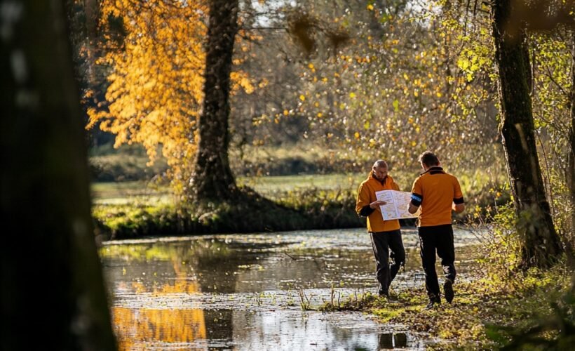 I need a photo that is true to reality to promote an orienteering activity in Loiret on the leisure center of the Etang da la Vallée in Combreux. I want a photo that perfectly represents people doing an orienteering race, with a map in their hand. The photo is with the greatest possible precision in the details, as if it were a photographer who had taken it --v 6.1 Job ID: b535be83-9a50-4548-9ddb-7b38beb575f4